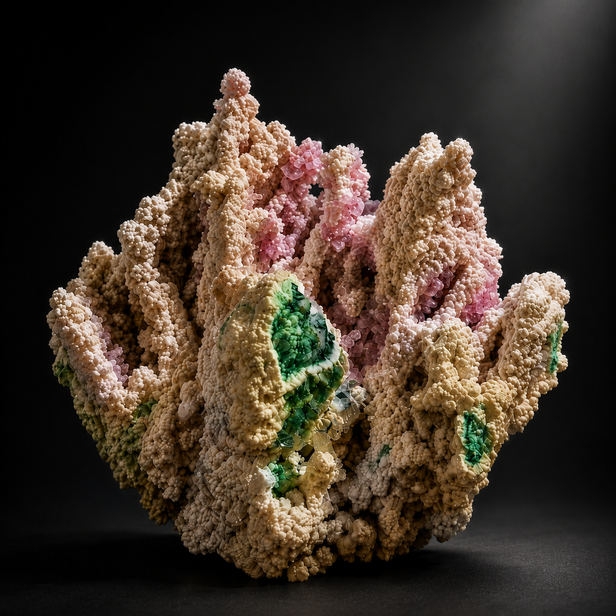 Collector mineral specimen with pink and green chalcedony formation