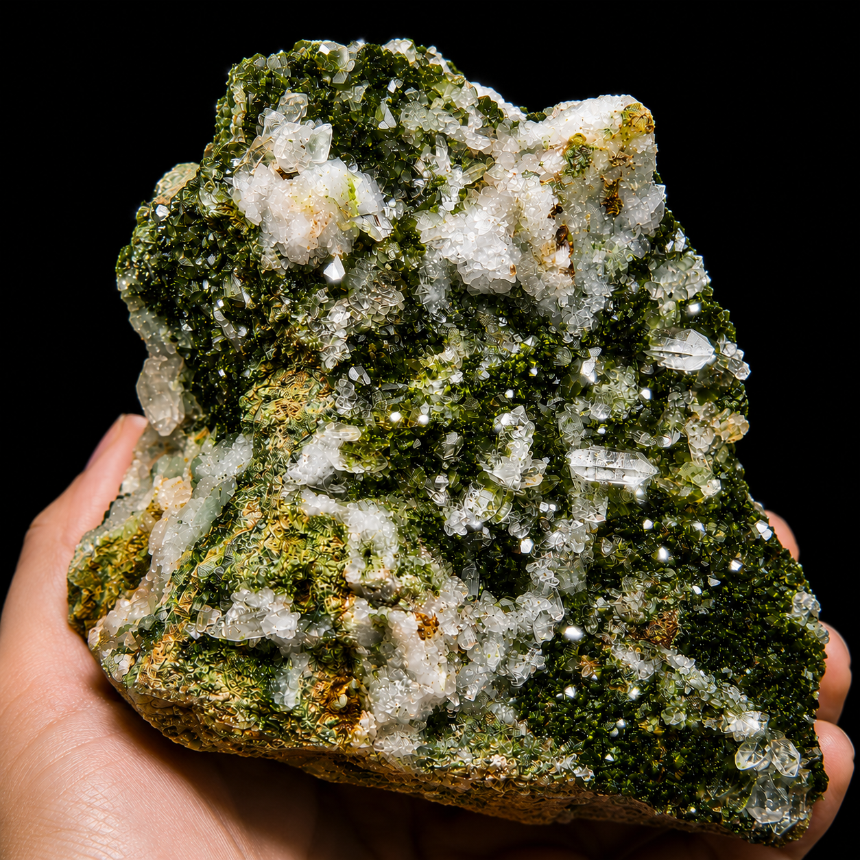 Newly arrived green crystal mineral specimen with quartz formations held in hand