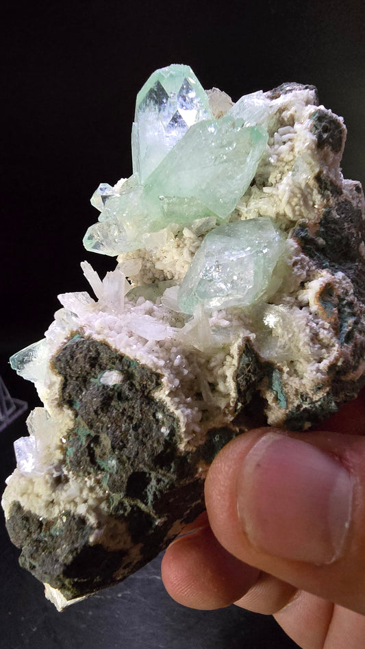 Green Apophyllite with White Pearl Bladed Stilbite – Maharashtra, India – 0.26 lbs