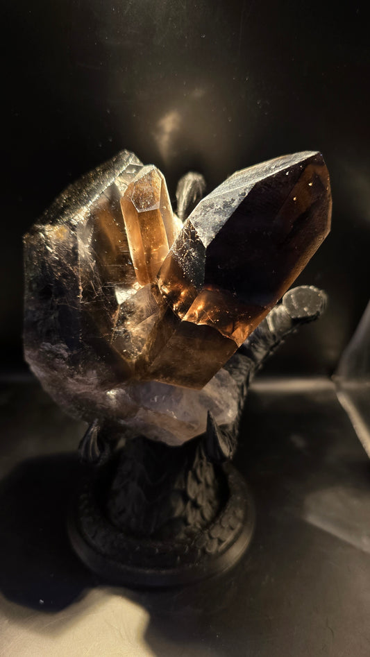 Smoky Quartz Cluster with Phantom Inclusions & Custom Dragon Claw Stand – Minas Gerais, Brazil – 1.50 lbs